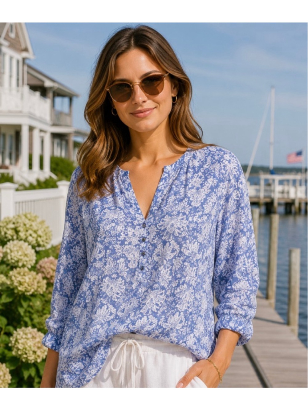 Women's grand & greene Blue White Floral Blouse L - Picture 1 of 5